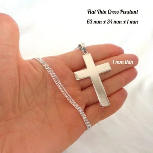 Flat Cross Necklace, 925 ITALY SOLID Sterling Silver Cross Pendant Curb Chain - Picture 2 of 5